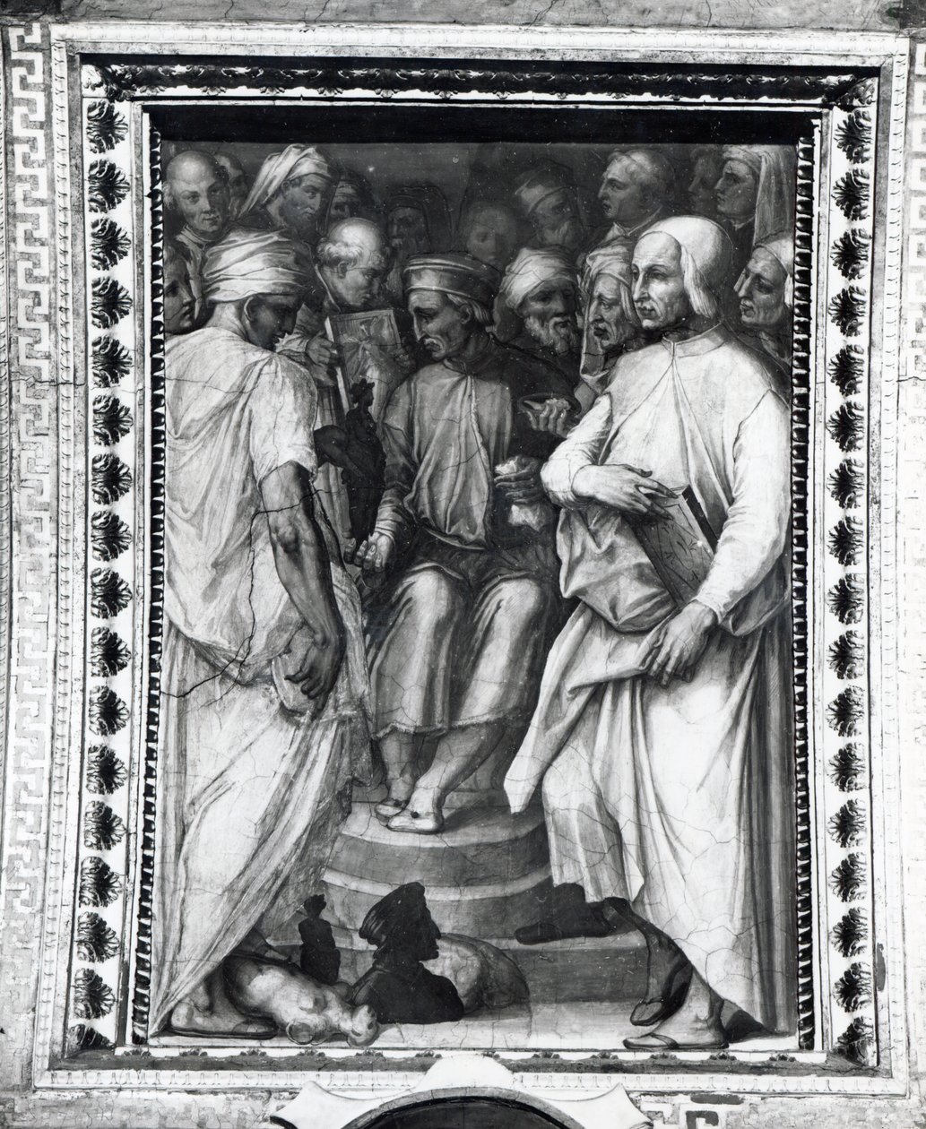 Cosimo de Medici sidder blandt filosoffer og kunstnere i Sala di Cosimo il Vecchio af Giorgio Vasari