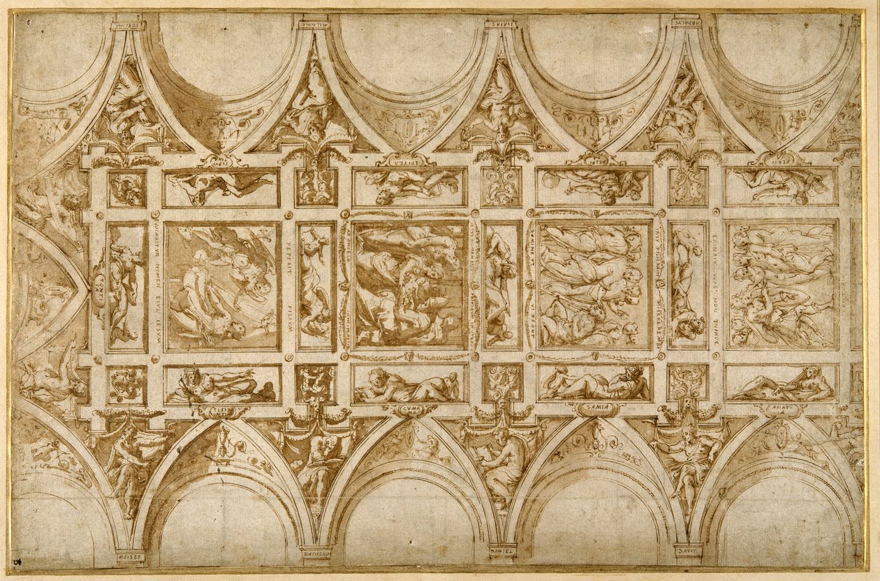 Design til refektoriets loft på Jesuit College i Cortona (pen & brun blæk med lysebrun vask) af Giorgio Vasari