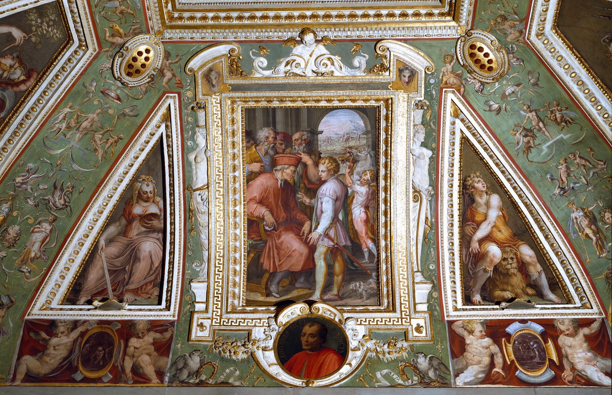 Detalje af værelset til Cosimo de Medicis, der repræsenterer sig selv med Sante Bentivoglio, guvernør i byen Bologna (fresco). af Giorgio Vasari