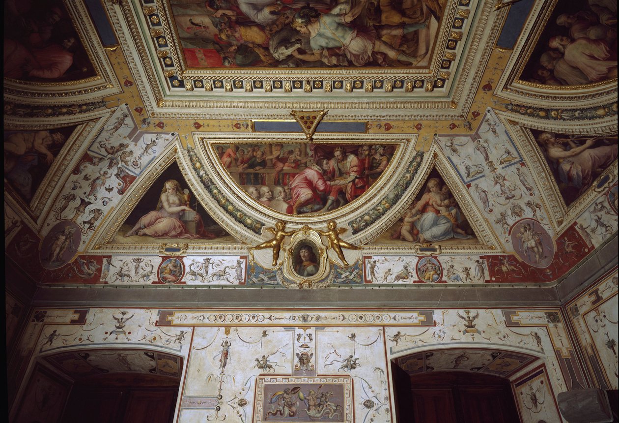 Detalje af Lorenzo il Magnificos værelse, der repræsenterer hans besøg i Napoli (fresko af Giorgio Vasari