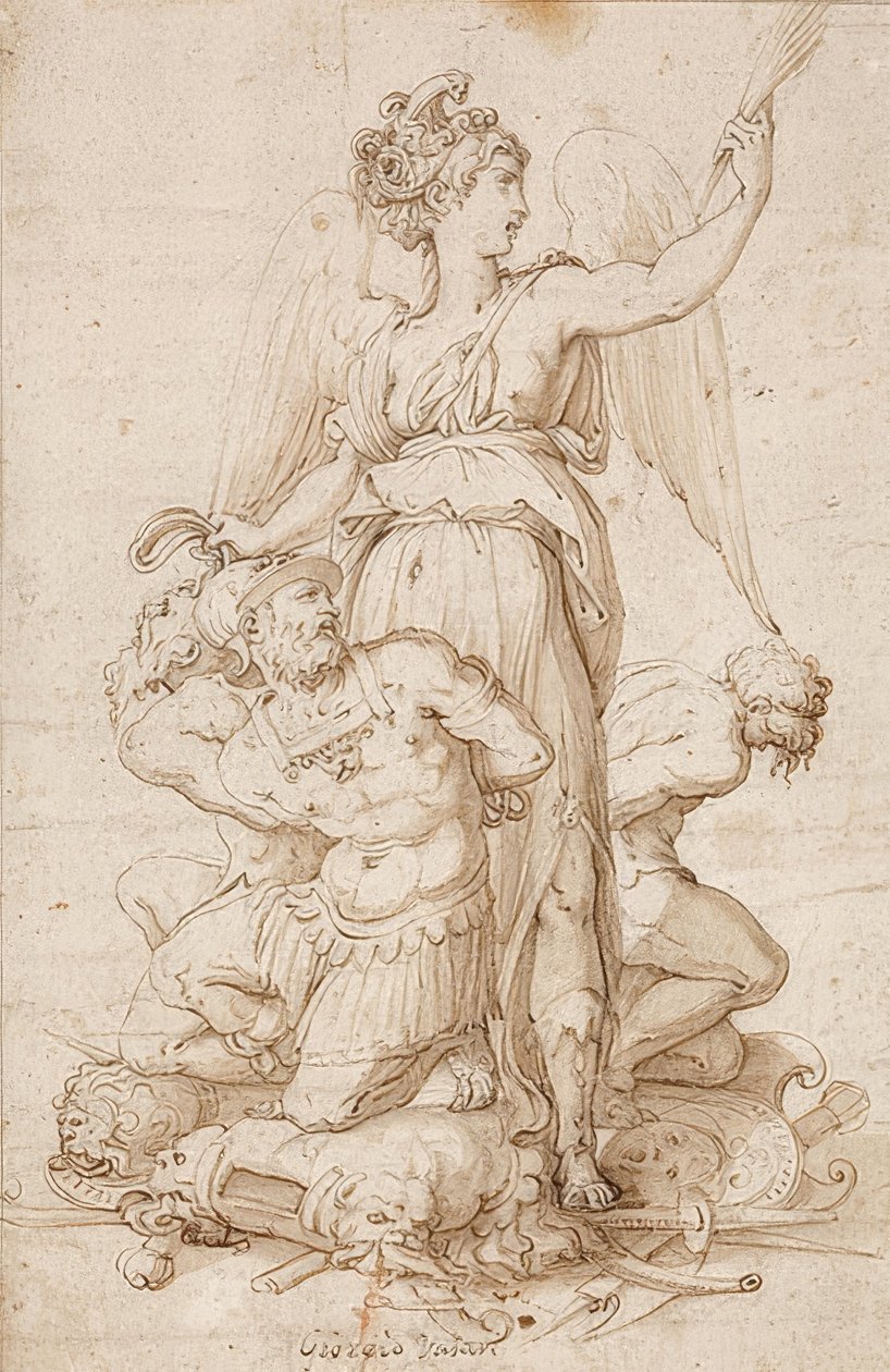 Bevinget Victoria med en palmegren og tre fanger knælende på trofæer. Omkring 1540 af Giorgio Vasari