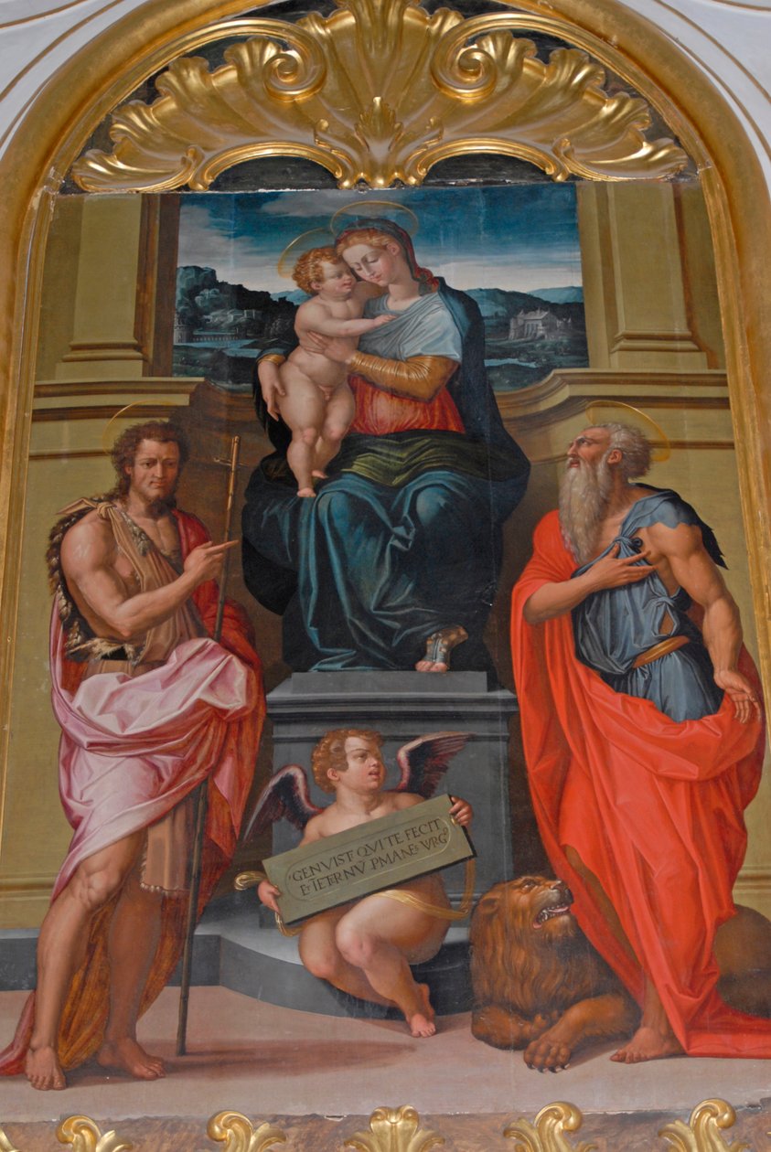 Madonna og barn mellem St. John Baptist og St. Jerome, maleri af Giorgio Vasari, kirke i Camaldoli kloster, Camaldoli, Toscana, Italien af Giorgio Vasari