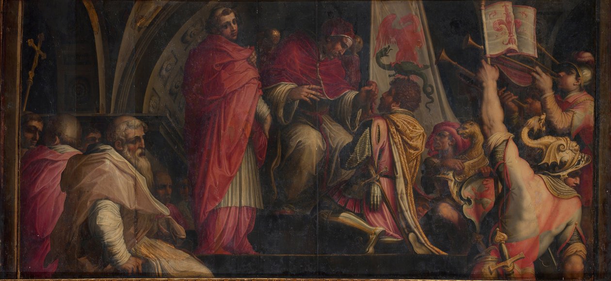 Pave Clemens IV overrækker sit emblem til kaptajnerne for Guelph-partiet, 1563-1565 af Giorgio Vasari