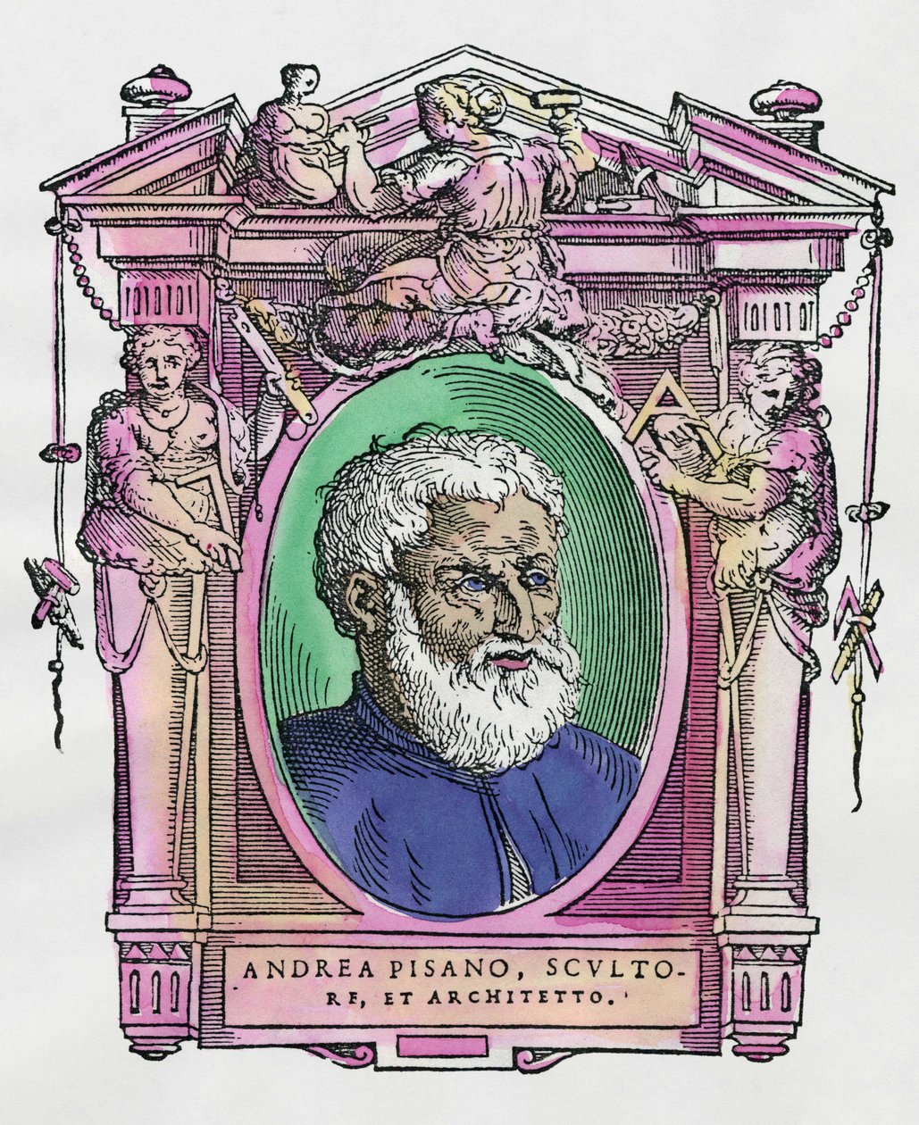 Portræt af Andrea Pisano (1290-1349) italiensk billedhugger og arkitekt. Gravering af godbidden "" Livet af de mest fremragende malere, billedhuggere og arkitekter "" (Le Vite de