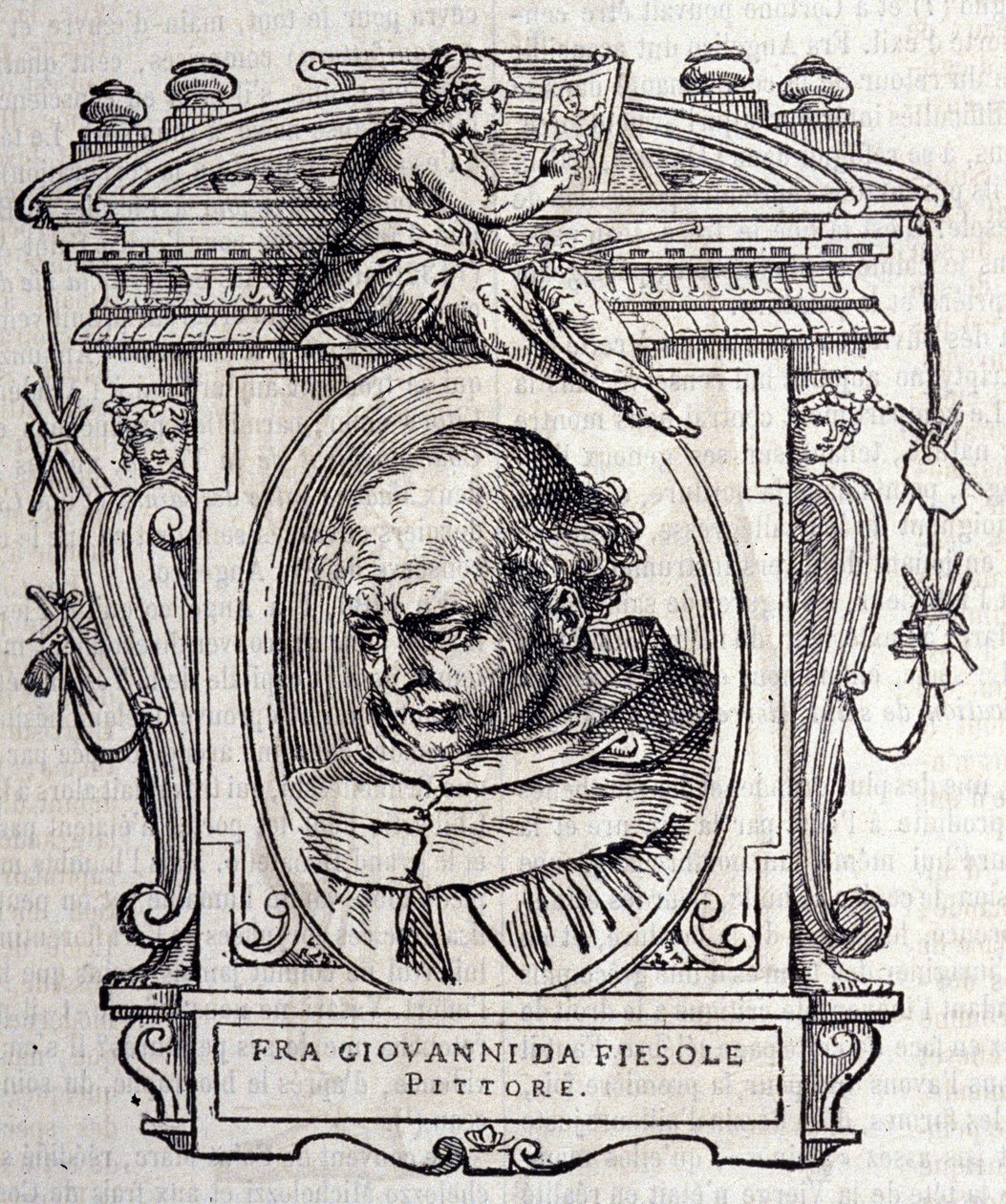 Portræt af Beato Angelico dit Fra Angelico (Guido Di Pietro Da Mugello) 1390-1455, italiensk maler. I "" De bedste italienske billedhuggere og arkitekters liv""" af Giorgio Vasari 1568. af Giorgio Vasari