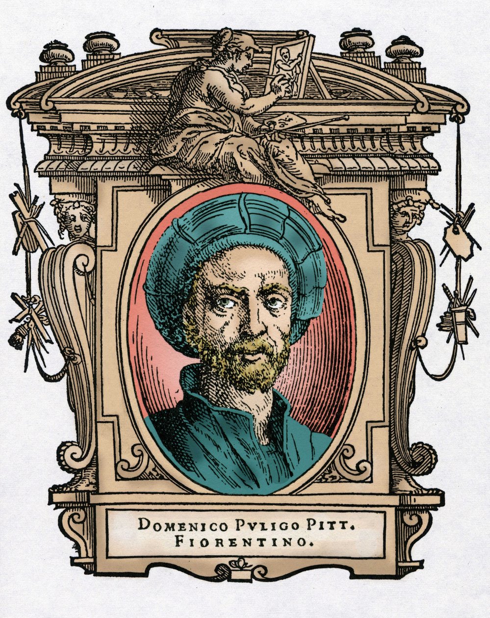Portræt af Domenico PULIGO [1492-1527] italiensk maler. Gravering af godbidden "" Livet af de mest fremragende malere, billedhuggere og arkitekter "" (Le Vite de