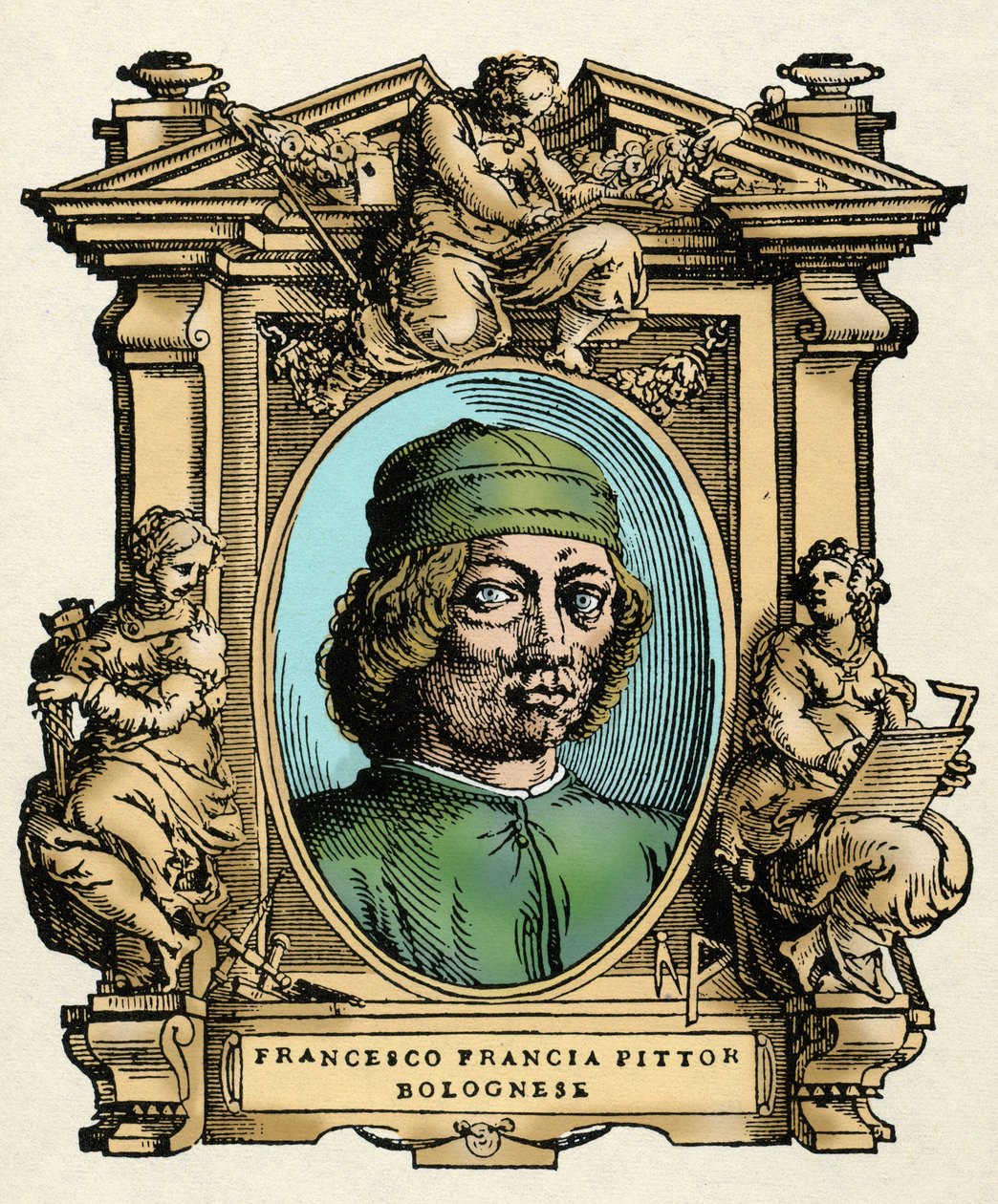 Portræt af Francesco FRANCIA (1450-1517) italiensk maler. Gravering af afhandlingen "" De mest fremragende malere, billedhuggere og arkitekters liv" (Le Vite de