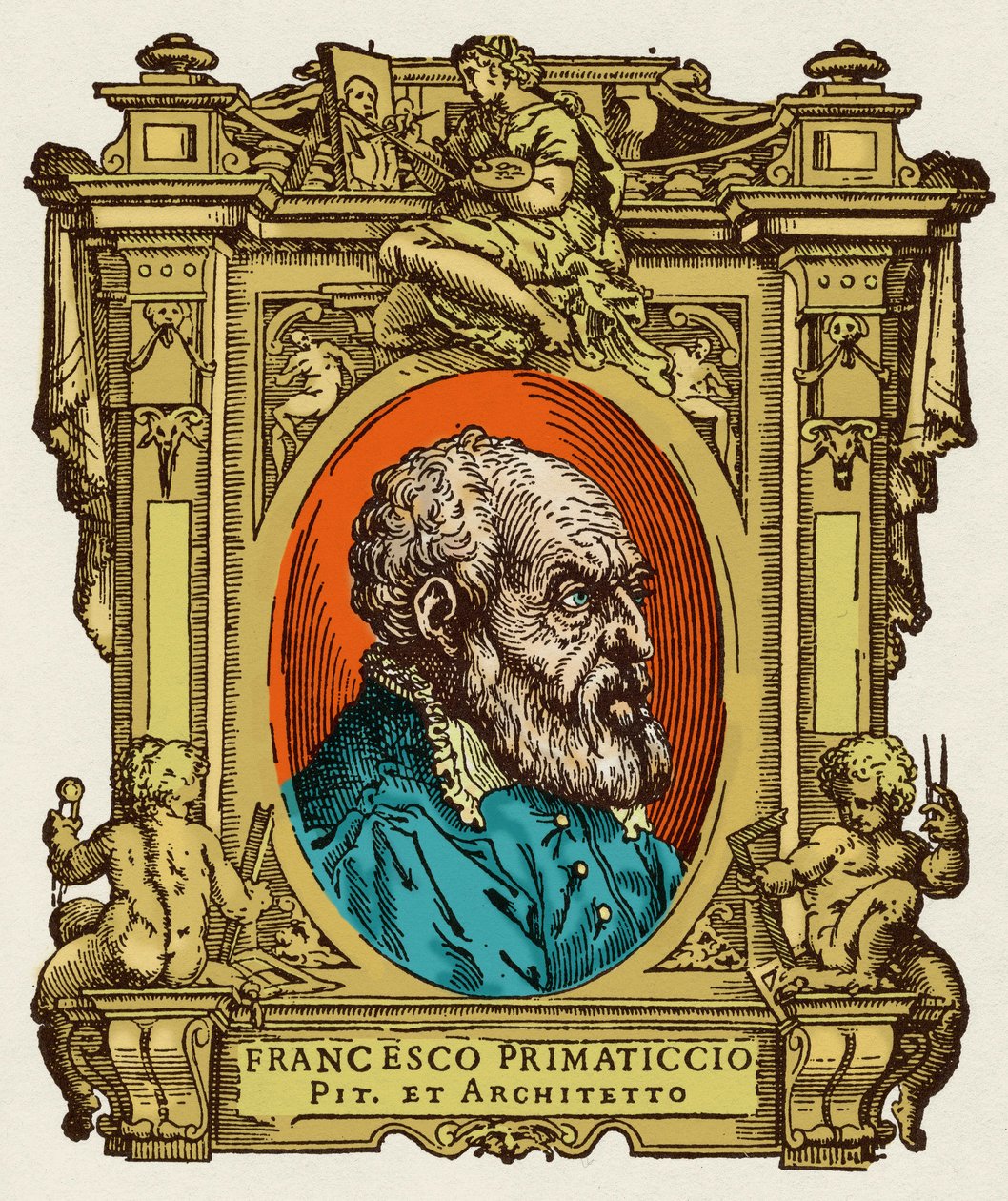 Portræt af Francesco Primaticcio kendt som The Primatice (1504-1570) maler, billedhugger og arkitekt. Han var medlem af Ecole de Fontainebleau. Gravering af godbidden "" Livet af de mest fremragende malere, billedhuggere og arkitekter "" (Le Vite de