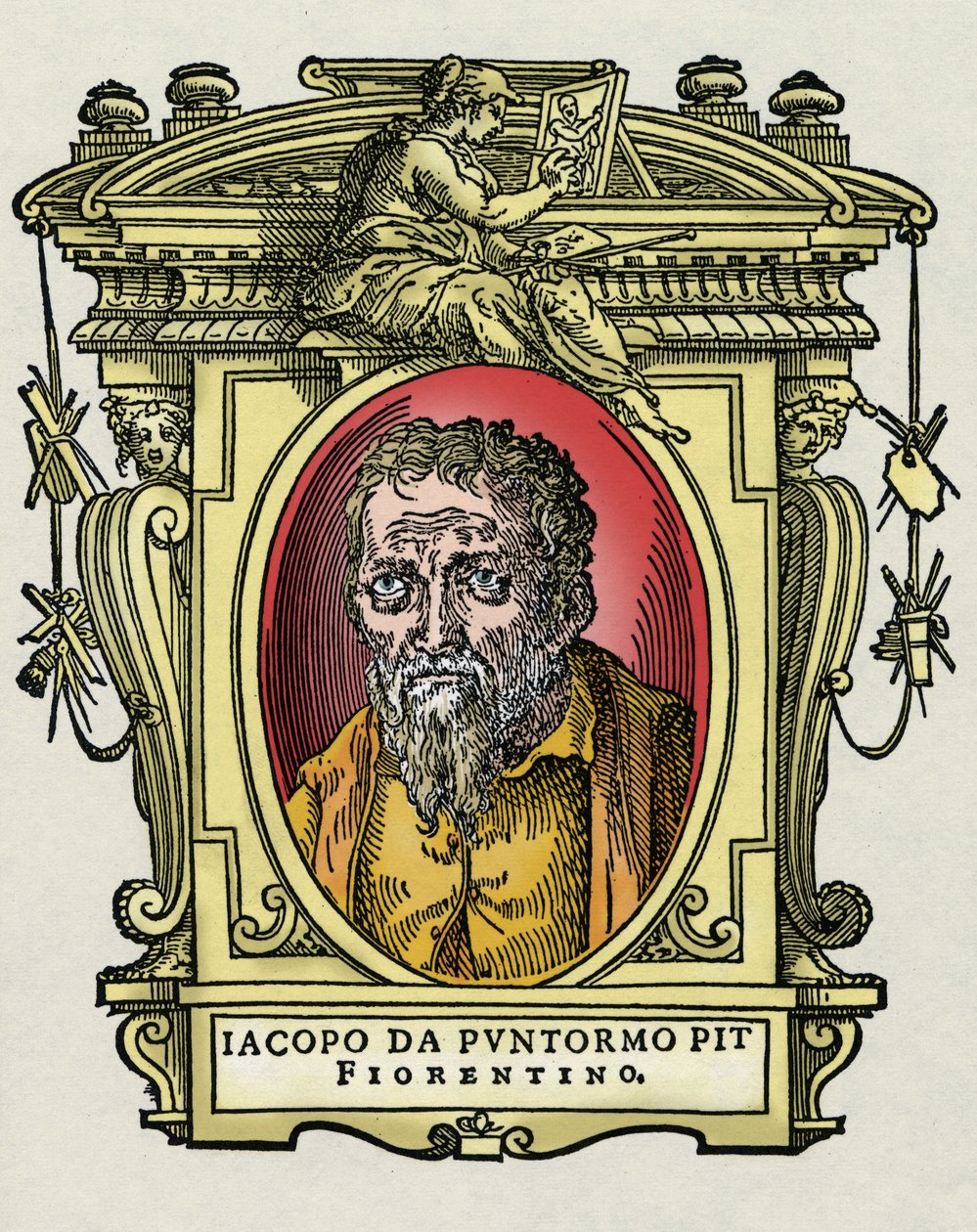 Portræt af Jacopo (Iacopo) Carrucci sagde il Pontormo (Pontormo) (1494-1556) italiensk maler. Gravering af godbidden "" Lives of the most excellent painters, sculptors and architects "" (The Lives of the most excellent painters, sculptors and architects) a af Giorgio Vasari