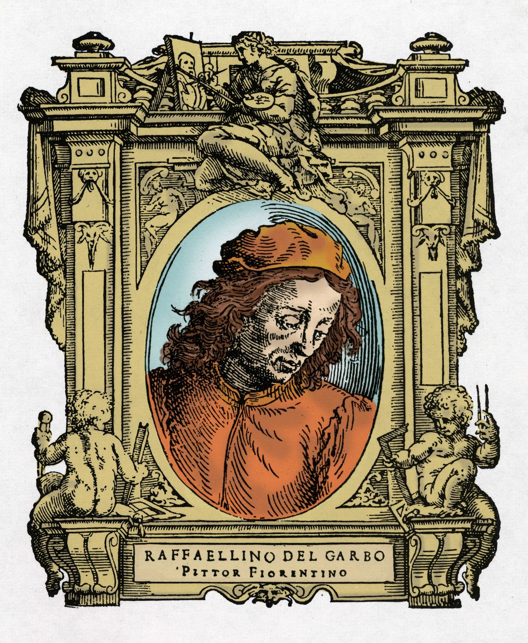 Portræt af RAFFAELLINO DEL GARBO (Raffaellino de Carli) (1466-1525) italiensk maler. Gravering af godbidden "" Livet af de mest fremragende malere, billedhuggere og arkitekter "" (The Lives of the Most Excellent Painters, Sculptors and Architects) af Giorg af Giorgio Vasari