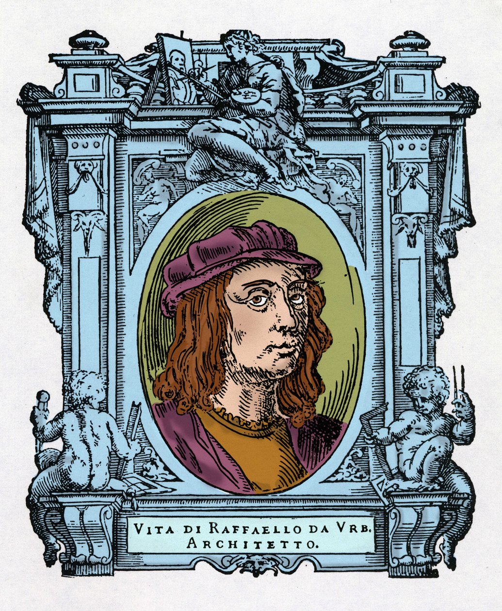 Portræt af Raphael (Raffaello Sanzio 1483 - 1520) italiensk arkitekt og maler. Gravering af godbidden "" Livet af de mest fremragende malere, billedhuggere og arkitekter "" (Le Vite de
