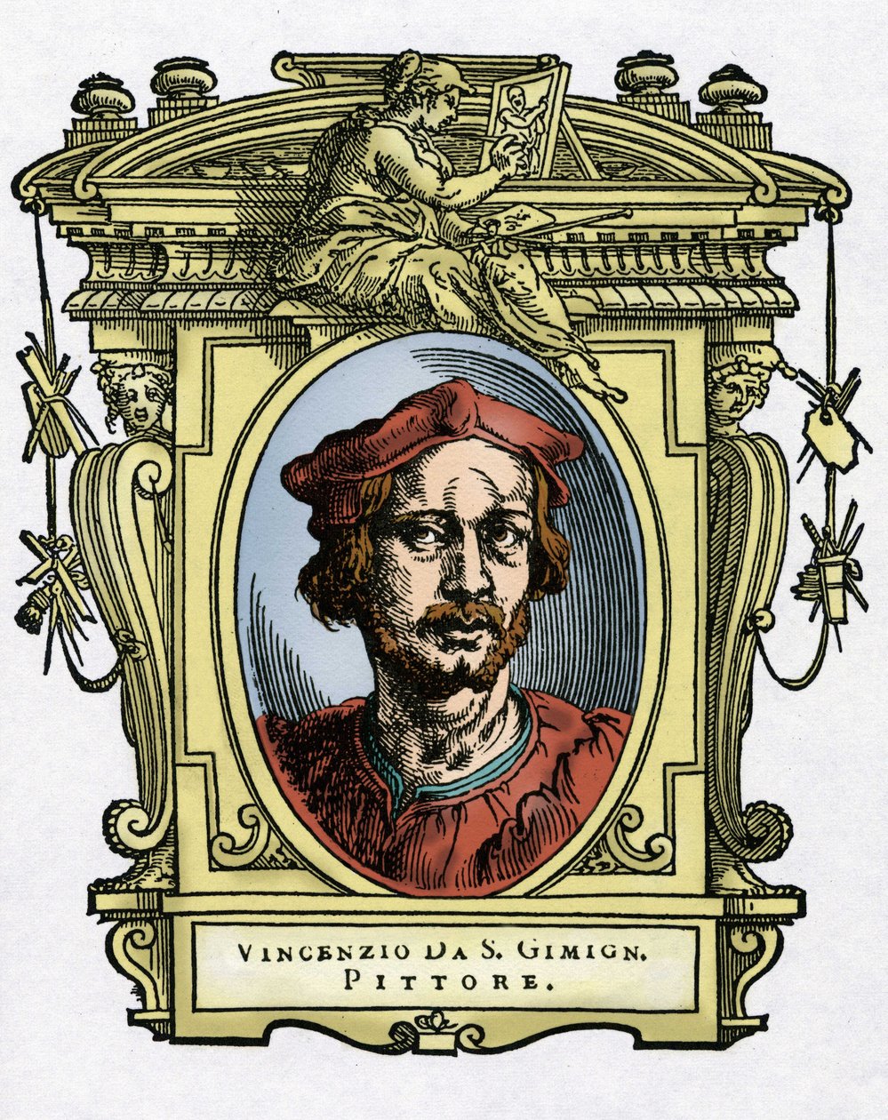 Portræt af Vincenzo TAMAGNI (Vincenzo da San Gimignano) (1492-1530) italiensk maler. Gravering af godbidden "" Livet af de mest fremragende malere, billedhuggere og arkitekter "" (The Lives of the Most Excellent Painters, Sculptors and Architects) af Giorg af Giorgio Vasari