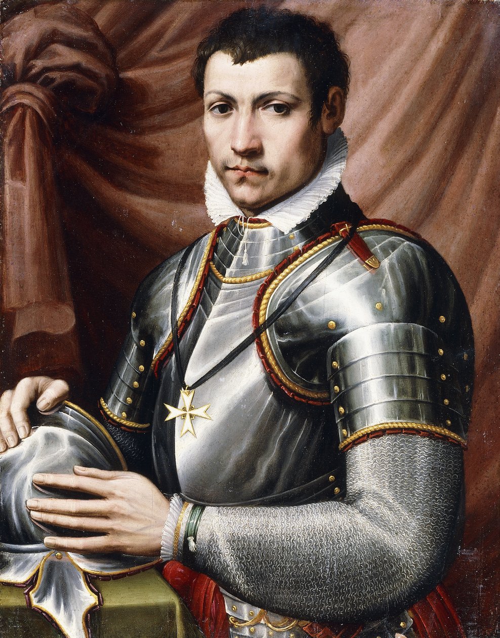 Portræt af en ridder af Malta, halvlang, i rustning, med en hjelm på et bord, et gardin bagved, af Giorgio Vasari