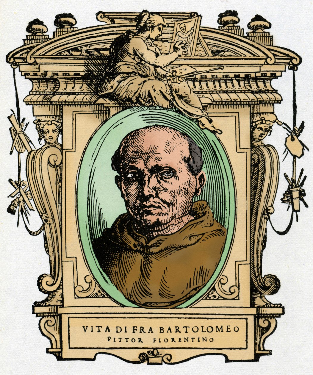 Portræt af den florentinske maler Fra Bartolomeo (1473-1517)... Gravering af traktaten "" Lives of the most excellent painters, sculptors and architects "" (Le Vite de