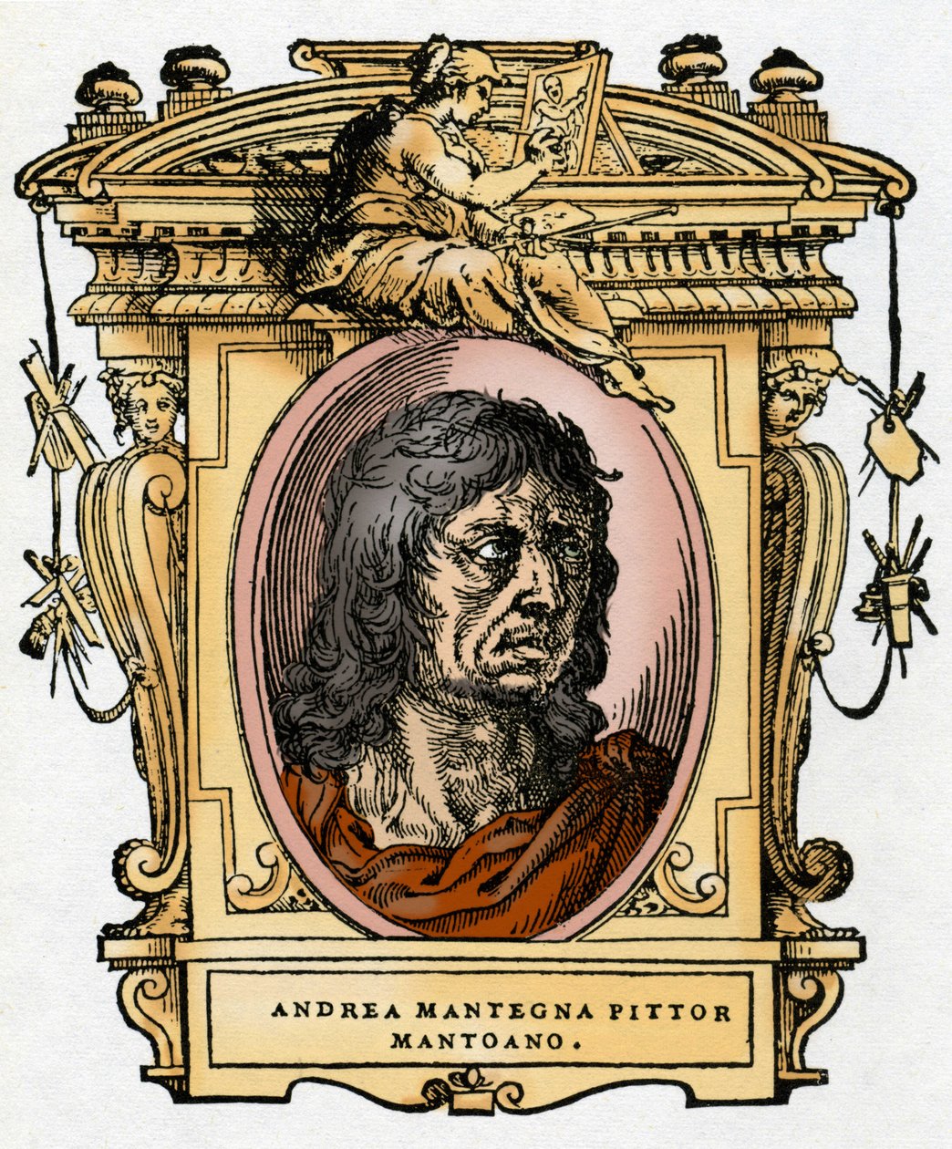 Portræt af maleren Andrea Mantegna (1431-1506) Xylografi fra "The Life of Painters" af Giorgio Vasari. af Giorgio Vasari