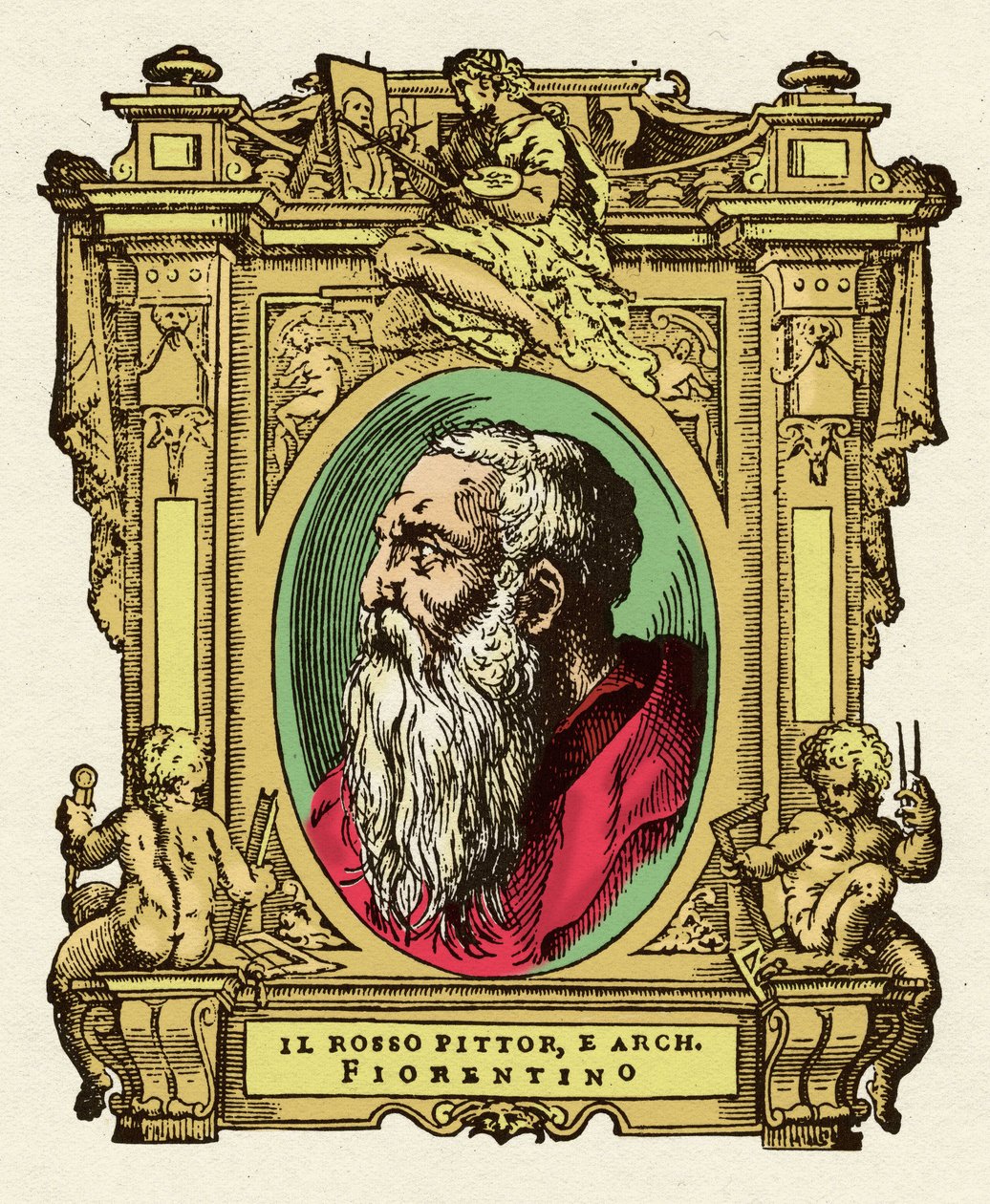 Portræt af maleren Giovanni Battista di Jacopo (Rosso Fiorentino) (1495-1540). Han var medlem af Ecole de Fontainebleau. Gravering af godbidden "" Livet af de mest fremragende malere, billedhuggere og arkitekter "" (Le Vite de