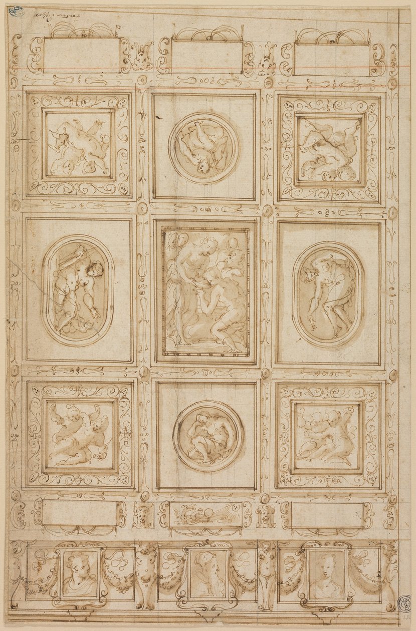 Studie til en loftsdekoration med Rebecca og Eliezer ved brønden (recto); Studie til en loftsdekoration (verso) af Giorgio Vasari