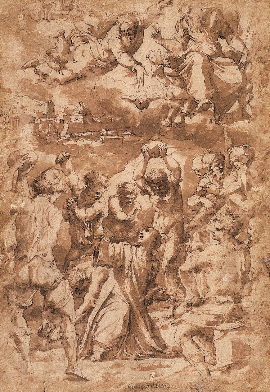 Steningen af St. Stephen, med Treenigheden ovenover af Giorgio Vasari