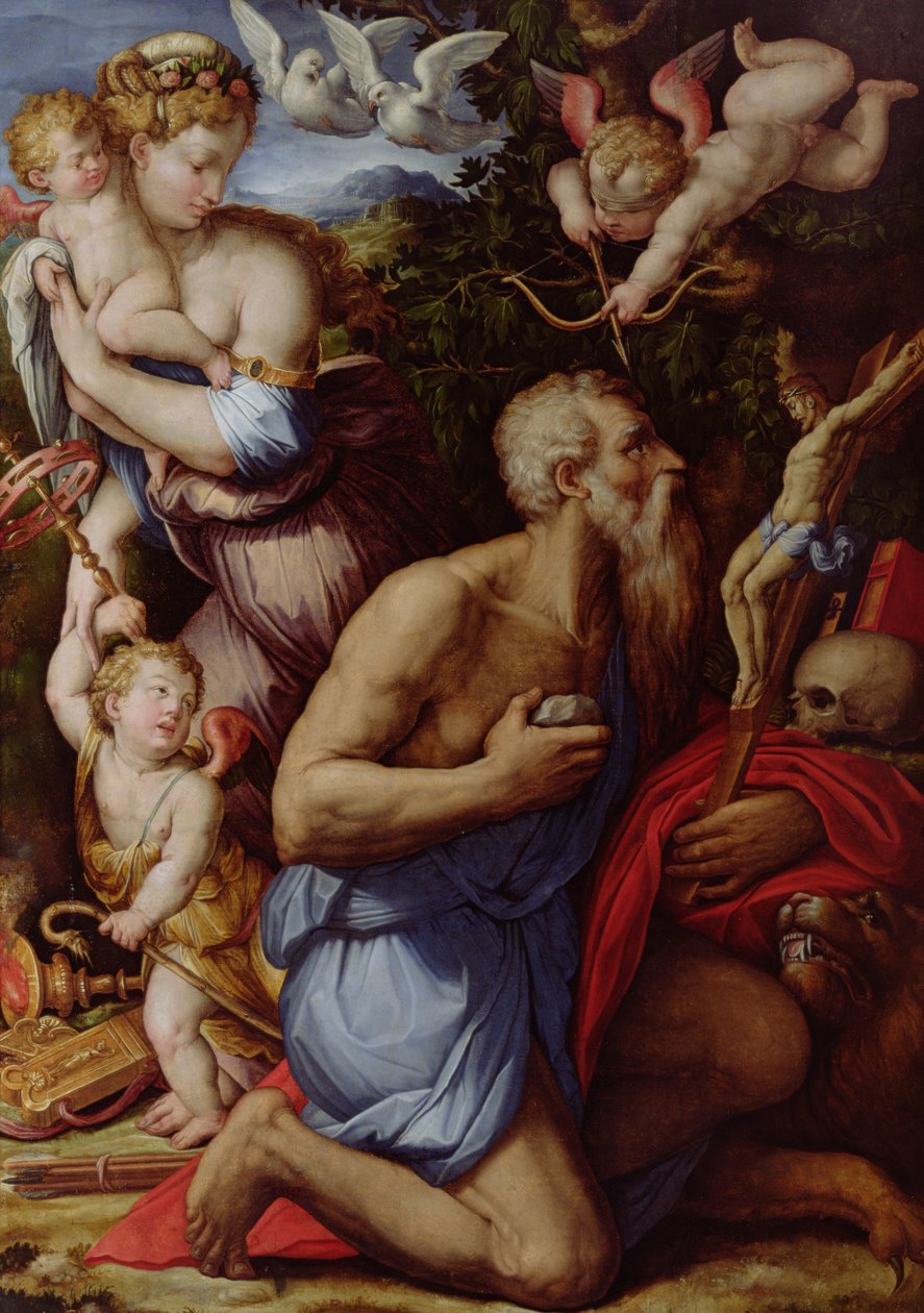 The Temptation of Sankt Hieronymus (olie på panel) af Giorgio Vasari