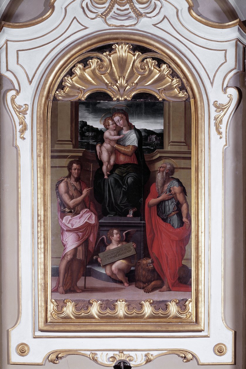 Jomfru omgivet af St John Baptist og St Hieronymus (olie på lærred af Giorgio Vasari