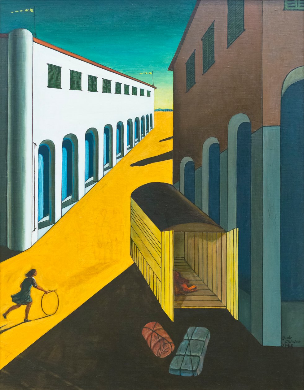Mystik og melankoli på en gade, pige med en ring af Giorgio de Chirico