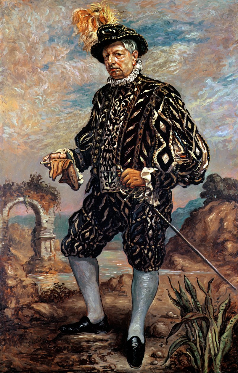 Selvportræt i sort 1600-tals kostume af Giorgio de Chirico