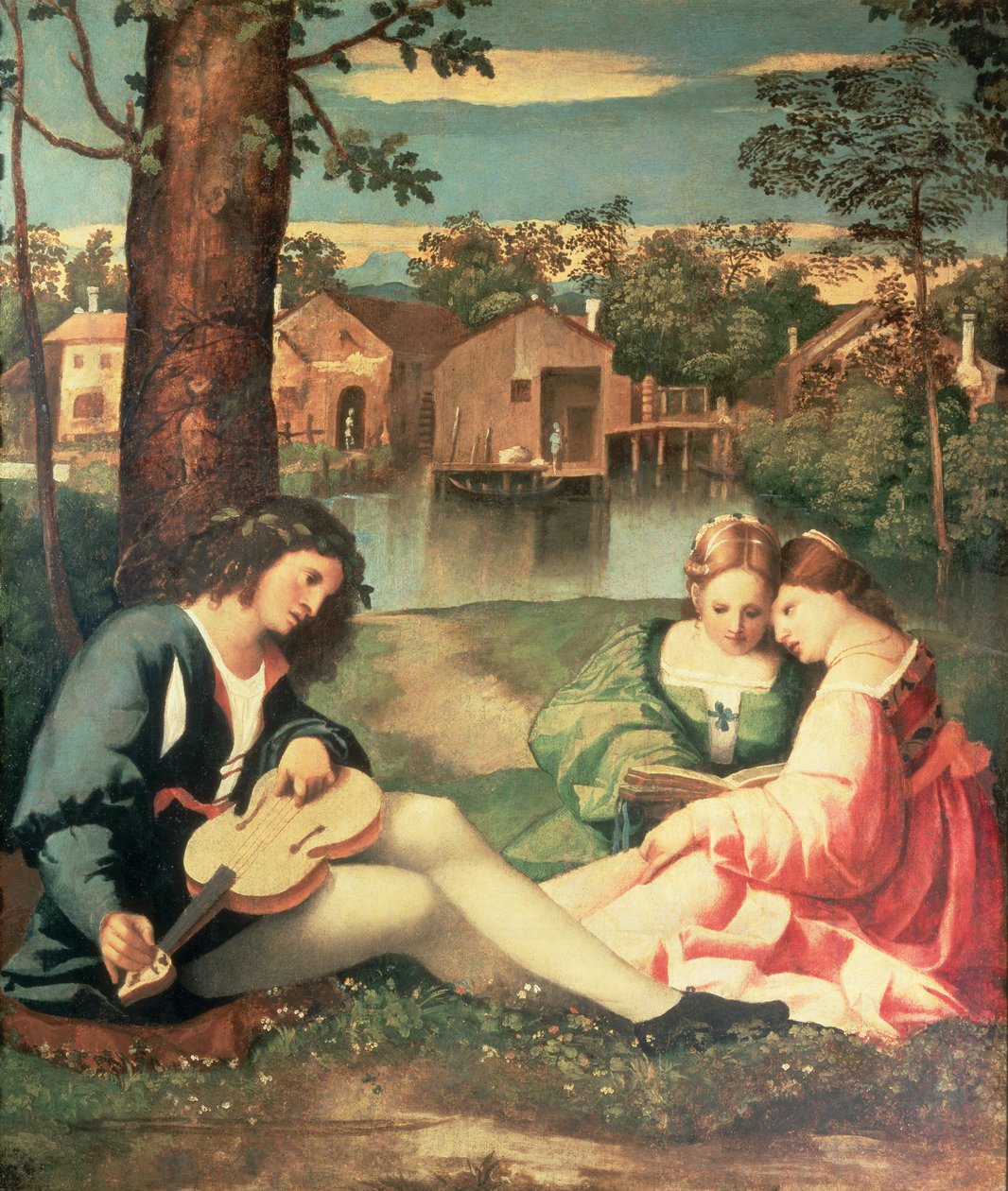 Ungdom med en guitar og to piger, der sidder på en flodbred af Giorgione da Castelfranco