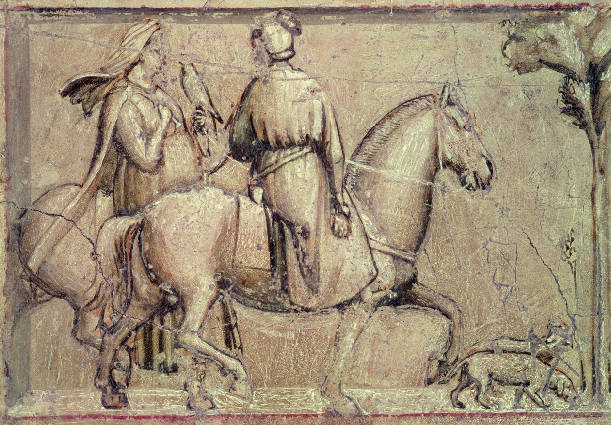 Allegory of Justice, før restaurering (detalje af to ryttere, der rejser på jagt med en falk), 1305 af Giotto di Bondone