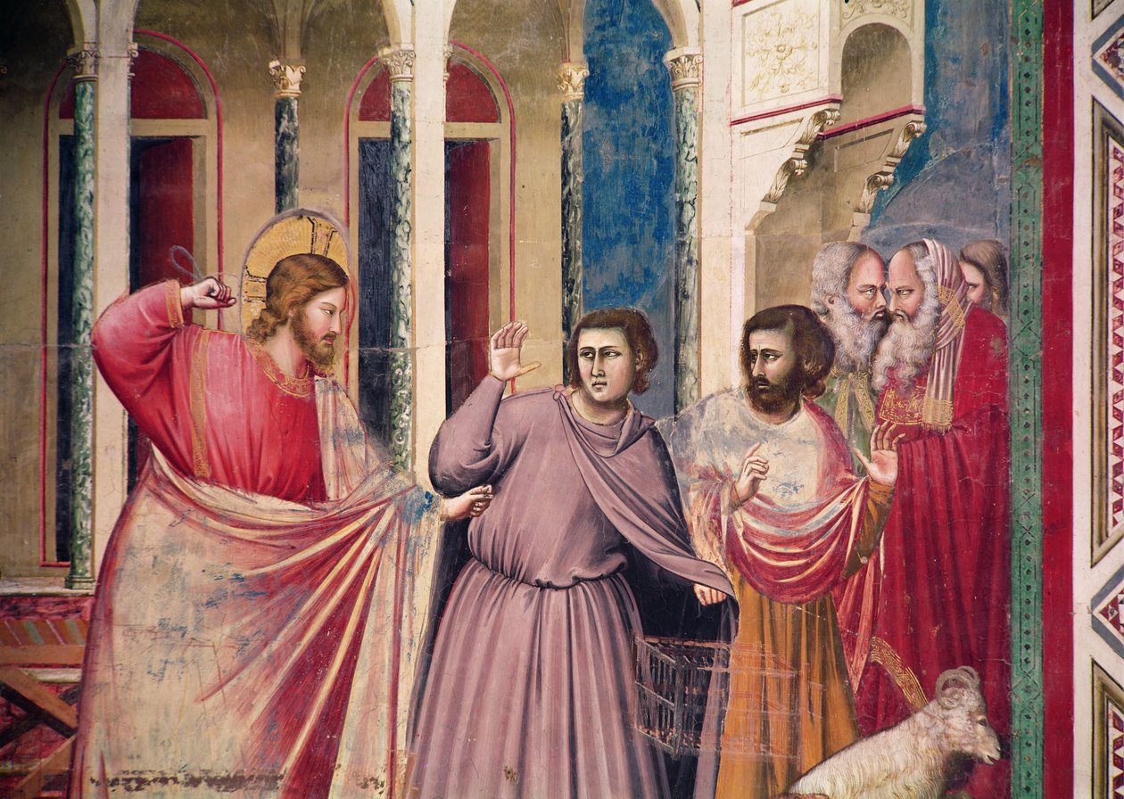 Jesus jager købmændene fra templet, detalje af Kristus og to købmænd, ca. 1303-05 (detalje af 444251) af Giotto di Bondone