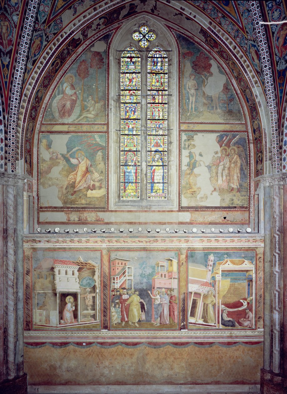 Scener fra The Life of St. Francis: St. Francis Praying at St. Damian; Den hellige Frans giver afkald på sin fars goder og jordiske rigdom; Drømmen om Innocentius III (1161-1216) 1296-97 af Giotto di Bondone