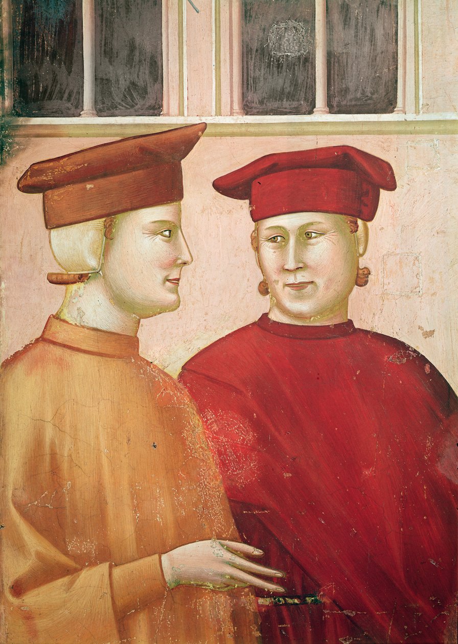 Sankt Frans hædret af en simpel mand, detalje af figurer til venstre, ca. 1297-99 af Giotto di Bondone