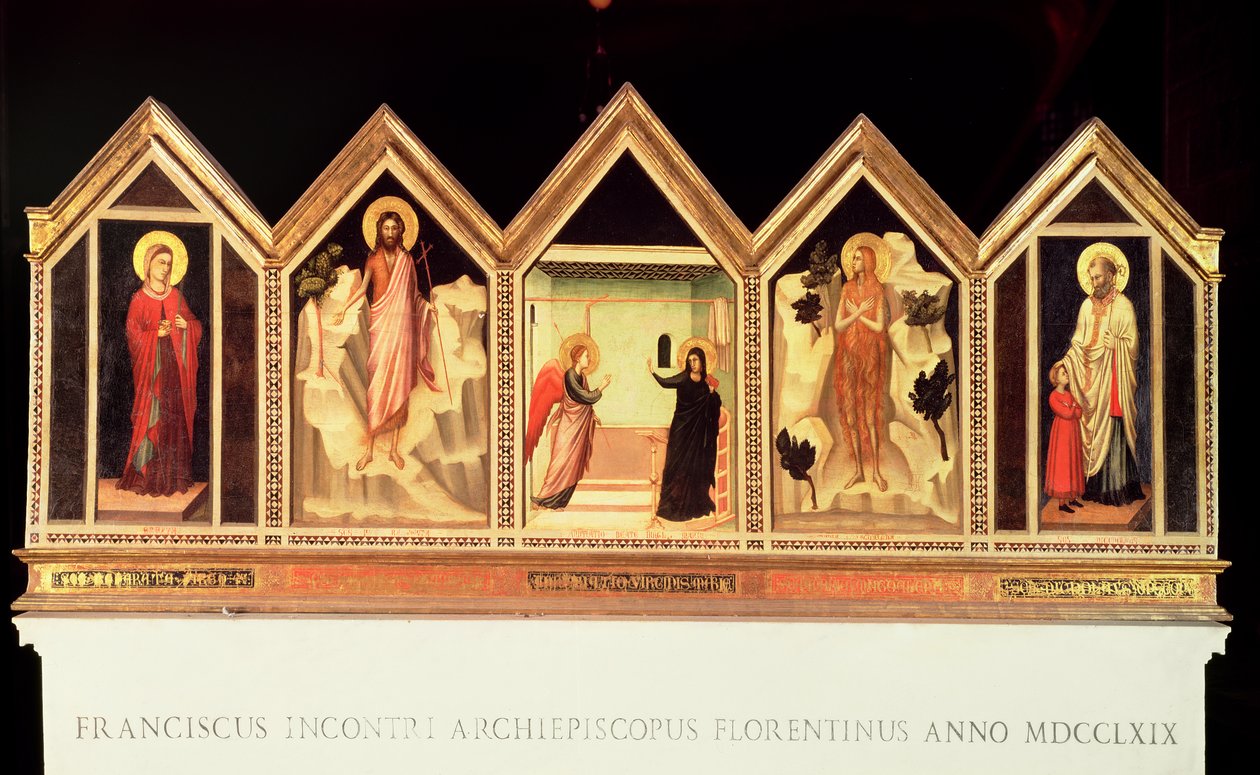 St. Reparata Polyptykon, L til R: Skt. Reparata, St. Johannes Døberen, Bebudelse, uidentificeret helgen, St. Nicholas (omvendt) af Giotto di Bondone