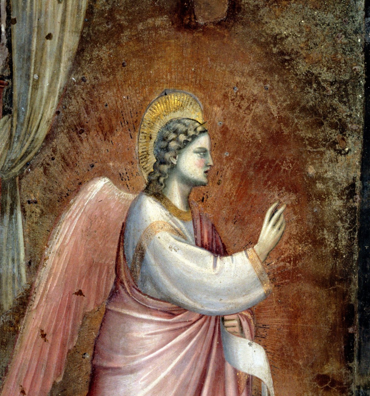 Bebudelsen, detalje af englen Gabriel, fra lunetten over alteret, ca. 1305 freskodetalje af 97841 af Giotto di Bondone