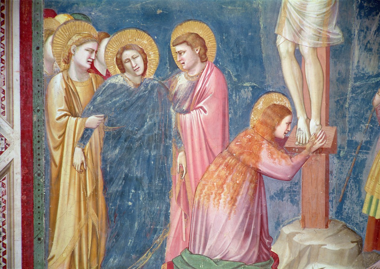 Korsfæstelsen, detalje af Maria Magdalena og Jomfruen mellem Sankt Johannes og en kvindelig helgen, ca. 1303-05 af Giotto di Bondone