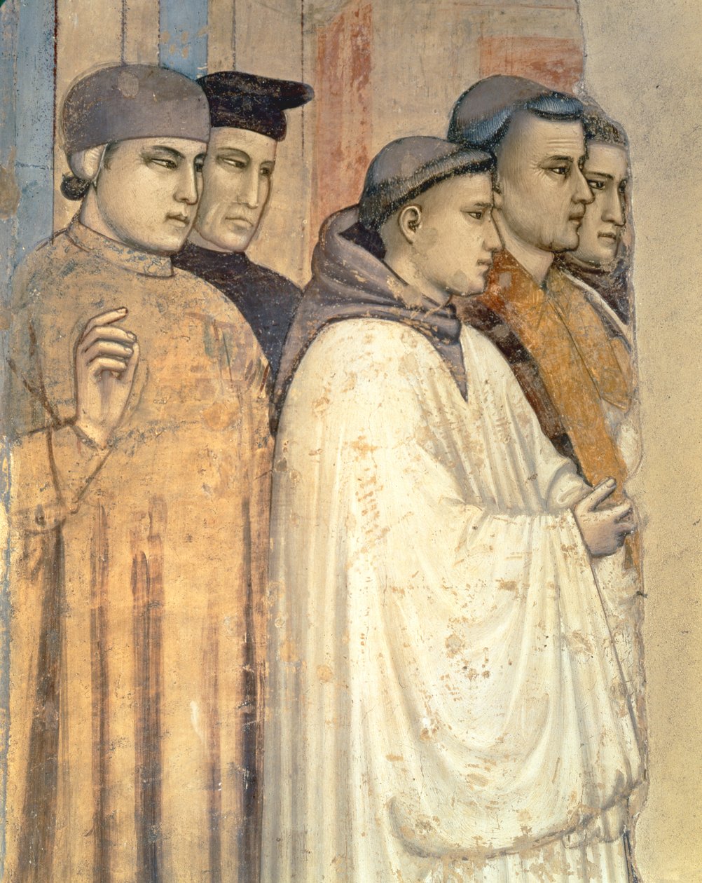 The Death of St. Francis, detalje af de stående sørgende på venstre side, fra Bardi-kapellets freskodetalje af 63330 af Giotto di Bondone