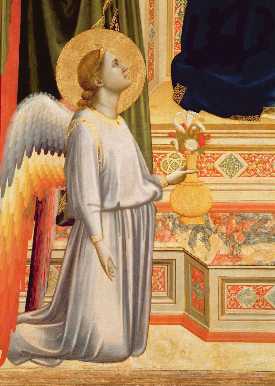 Madonna di Ognissanti-detaljen af knælende engel med vase med blomster, ca. 1310, se også 63334 af Giotto di Bondone