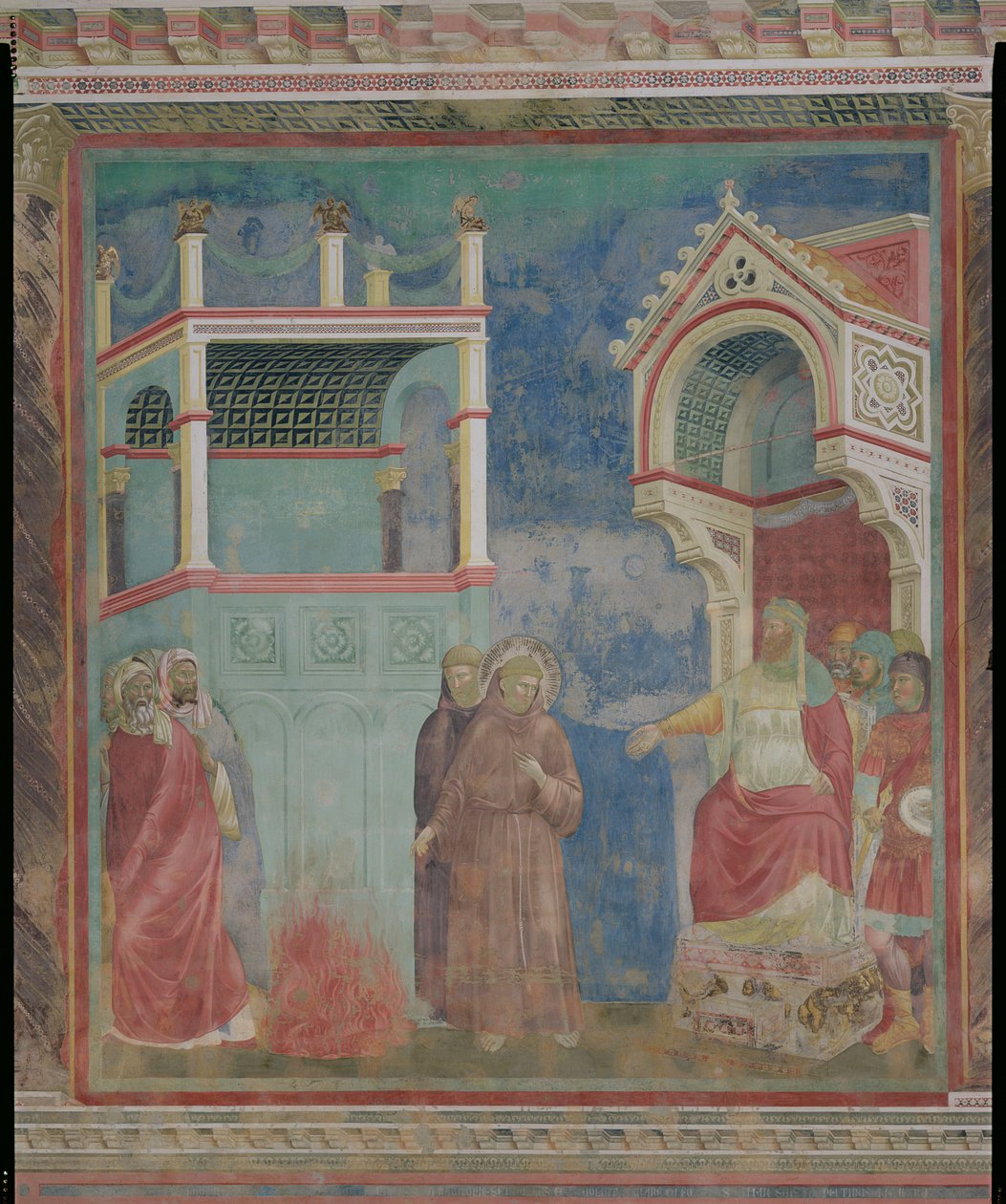 The Trial by Fire, St. Francis tilbyder at gå gennem ild for at omvende sultanen af Egypten i 1219, 1296-97 af Giotto di Bondone