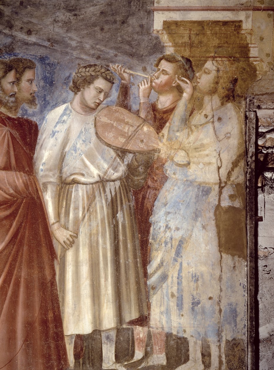 The Virgins Wedding Procession, detalje af musikerne, c,1305 fresco detalje af 65205 af Giotto di Bondone