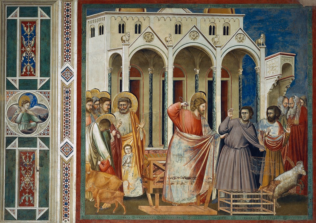 Udvisning af købmænd fra templet, Detalje fra Kristi liv og lidenskab, af Giotto af Giotto (c.1266 1337)