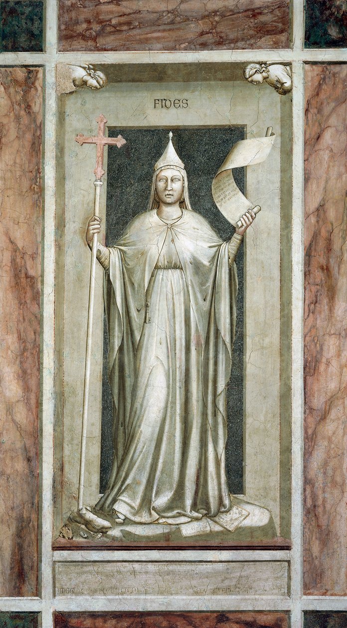Tro, kvindeskikkelse, der holder korset og et rullesymbol på den åbenbarede sandhed, mens de ødelægger et afgud og står på symboler på kabbalaen, af Giotto, cyklus af freskoer De laster og dyder, efter restaurering, Scrovegni Chapel, Padua, Veneto, Italien af Giotto (c.1266-1337)
