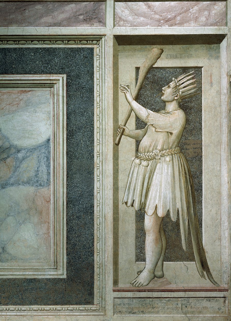 Tåbelighed, mandsfigur med mund lukket af en lås, en kølle i højre hånd, hoved dækket af fjer og påfuglehale, af Giotto, detalje fra freskoernes cyklus The Vices and Virtues, efter restaurering i 2002, Scrovegni Chapel, Padua, Veneto , Italien. af Giotto (c.1266 1337)