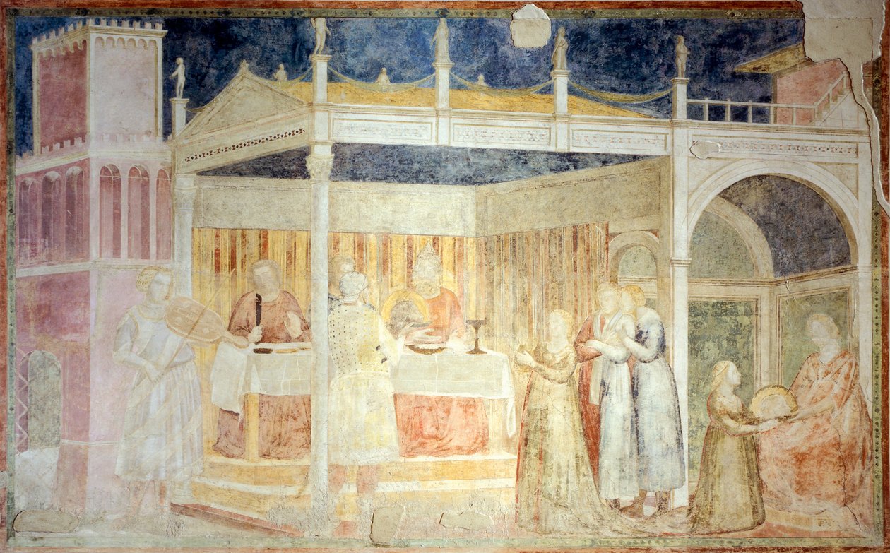 Italien, Firenze, Santa Croce-basilikaen, Peruzzi-kapellet, Herodes-festen, detalje i historier om Johannes Døberen af Giotto (c.1266 1337)