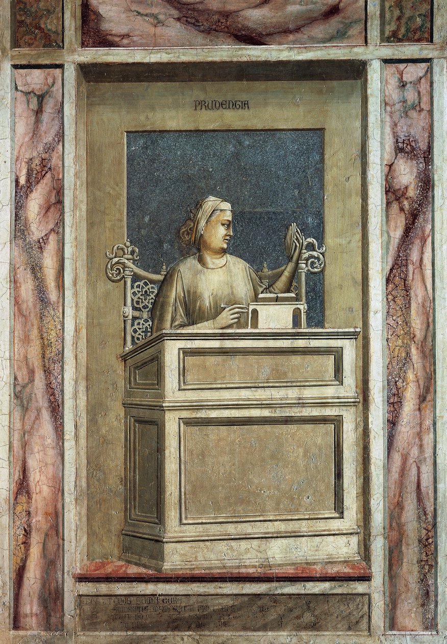 Forsigtighed, kvindeskikkelse, der sidder ved et skrivebord, kigger på fortiden for at lære af erfaringer og læser en bog for at lære fremtiden, af Giotto, cyklus af freskomalerier The Vices and Virtues, efter restaureringen, Scrovegni Chapel, Padua, Venet af Giotto (c.1266 1337)