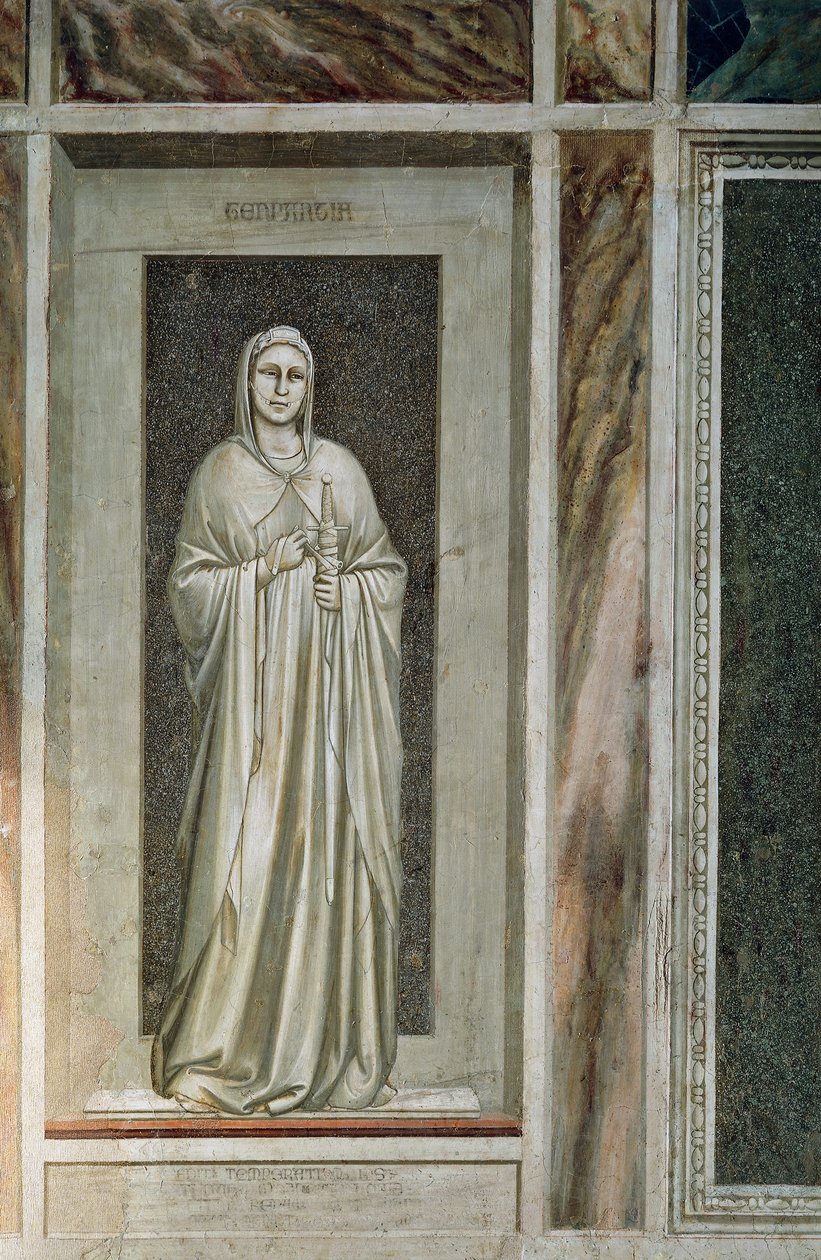 Afholdenhed, blid skikkelse med sværd bundet til skeden og et tøjle ved munden, der symboliserer kontrol med ordene, af Giotto, detaljer fra freskoernes cyklus The Laster og Dyder af Giotto (c.1266 1337)