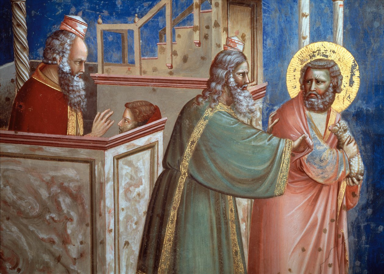 Præsten, der afviste Joachim, kom med et lam for at ofre ham. Detalje fra Saint Annes og Saint Joachims liv (fresco af Giotto (c.1266 1337)