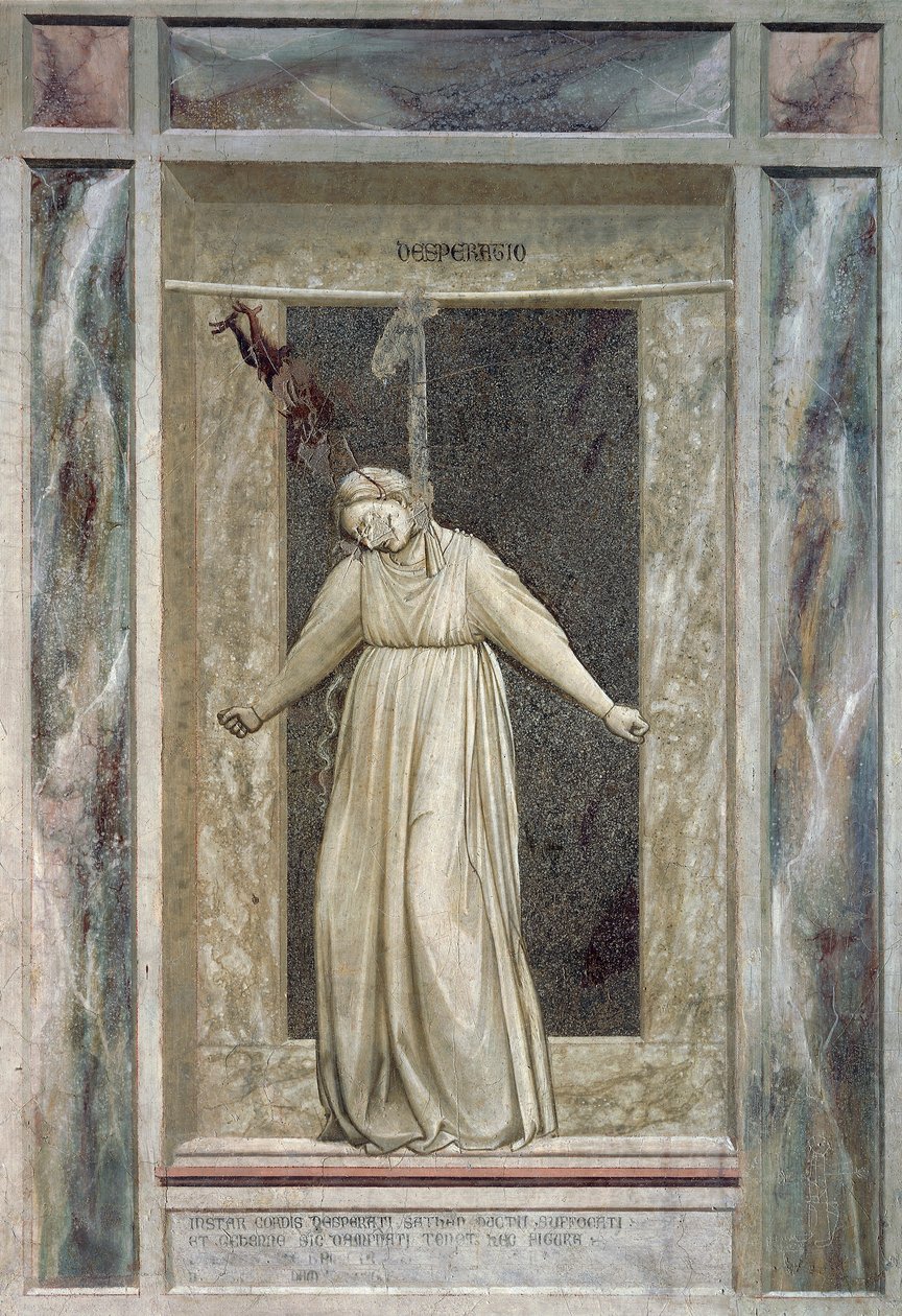 Fortvivlelse, kvindeskikkelse, der hænger sig selv og djævelen, der griber hende i håret, af Giotto (1267-1337), detaljer fra freskoernes cyklus The Vices and Virtues af Giotto (c.1266 1337)