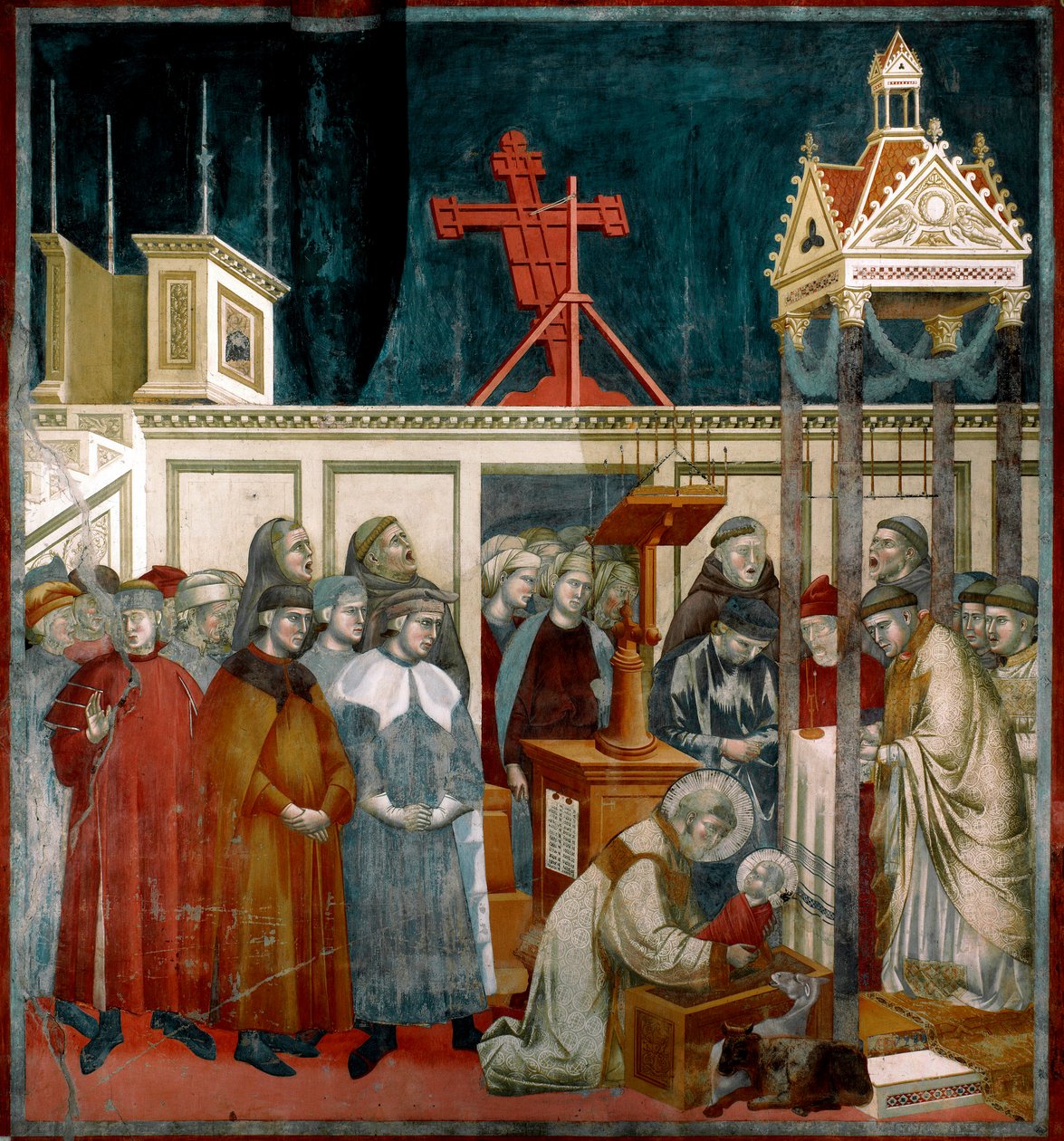 Historien om Saint Francois af Assisi: "Miraklet i vuggestuen i Greccio" Saint Francois skabte den første vuggestue i Greccio nær Rieti i 1223. Fresco af Giotto di Bondone (1267-1337). 1296-1299 søn. 270x230 cm øvre basilika af Sankt Frans af Assisi, af Giotto (c.1266 1337)