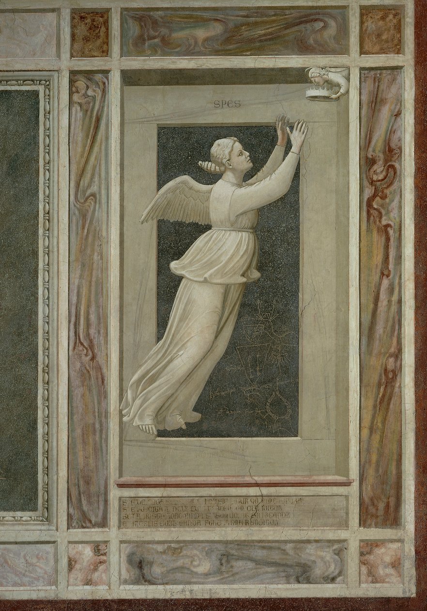 Hope, bevinget kvindeskikkelse, der flyver mod en engel, der vil guide hende til himlen, af Giotto (1267-1337), detaljer fra freskoernes cyklus The Vices and Virtues af Giotto (c.1266 1337)
