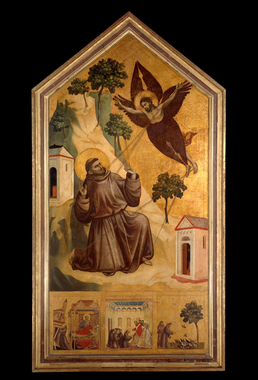 Sankt Francois af Assisi modtager stigmaerne Tempera på træ af Giotto di Bondone (1266-1337) omkring 1300, søn. 3,13 x 1,63 m. - Stigmata af St. Frans. Tempera på træ af Giotto di Bondone (1266-1337) omkring 1295-1300. 3,13 x 1,63 m. Louvre Museum, af Giotto (c.1266 1337)