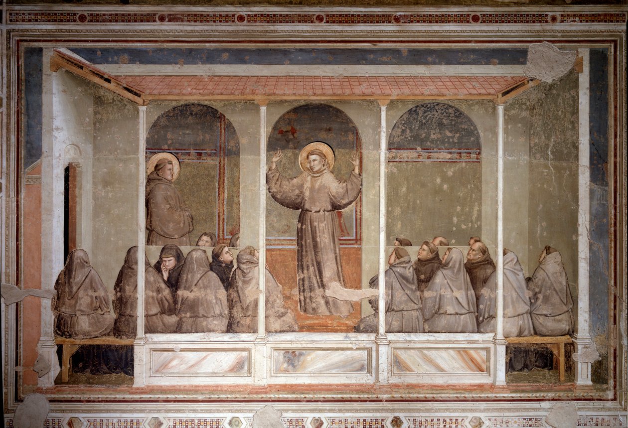 Den hellige Frans dukker op i et kapitel i Arles under forudsigelsen af den hellige Antonius af Padua (Fresco af Giotto (c.1266 1337)